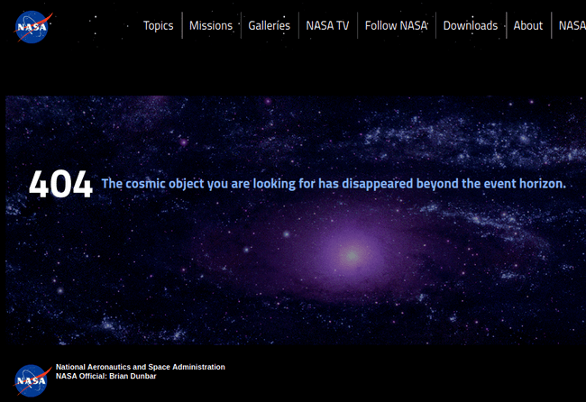 Страница 404 на официальном сайте NASA